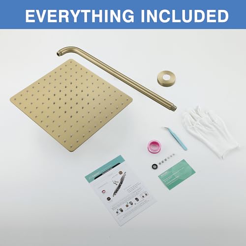 Solid Metal Large Rain Shower Head, Square High Flow Ceiling Rainfall Shower Head with Shower Arm and Flange, Reinforced Explosion-Proof Stainless Steel Construction (12-Inch, Brushed Gold) - color: Brushed Gold, size: 12 Inch
