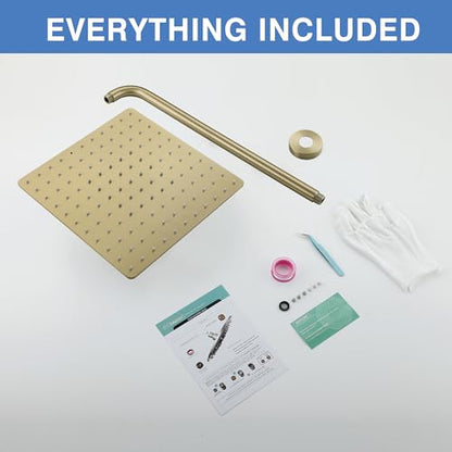 Solid Metal Large Rain Shower Head, Square High Flow Ceiling Rainfall Shower Head with Shower Arm and Flange, Reinforced Explosion-Proof Stainless Steel Construction (12-Inch, Brushed Gold) - color: Brushed Gold, size: 12 Inch