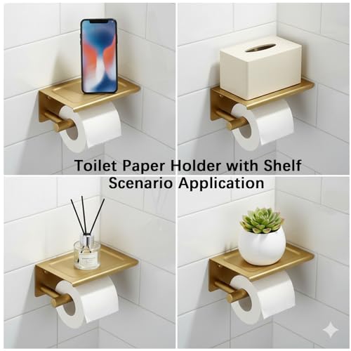 Toilet Paper Holder with Shelf, 304 Stainless Steel PVD Brushed Gold Finish | Wall Mount Toilet Tissue Roll Holder with Shelf for Bathroom Storage, Solid Brass Roll Bar with Knurled Texture Design - color: Pvd Brushed Gold Finish