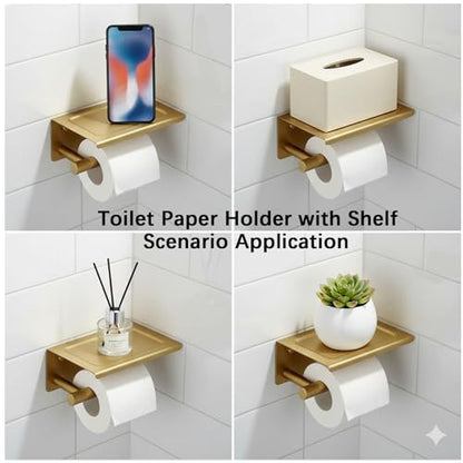 Toilet Paper Holder with Shelf, 304 Stainless Steel PVD Brushed Gold Finish | Wall Mount Toilet Tissue Roll Holder with Shelf for Bathroom Storage, Solid Brass Roll Bar with Knurled Texture Design - color: Pvd Brushed Gold Finish