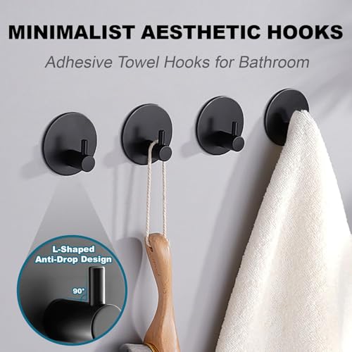 Towel Hooks for Bathroom (4 Pack) Adhesive Towel Hook Shower Hooks for Inside Shower - Sticky Bathroom Wall Hooks for Hanging Towels, Robe, Loofah, Bath Sponge - Matte Black Towel Hooks - color: Black