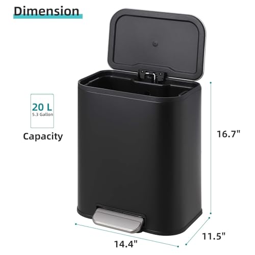 GarveeHome Kitchen Trash Can, 5.3 Gal Stainless Steel Garbage Can, Black | Soft Close Lid, Foot Pedal & Removable Inner Bucket, Rectangular Step On Waste Bin for Office Bedroom - color: Black, size: 20 L