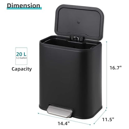 GarveeHome Kitchen Trash Can, 5.3 Gal Stainless Steel Garbage Can, Black | Soft Close Lid, Foot Pedal & Removable Inner Bucket, Rectangular Step On Waste Bin for Office Bedroom - color: Black, size: 20 L