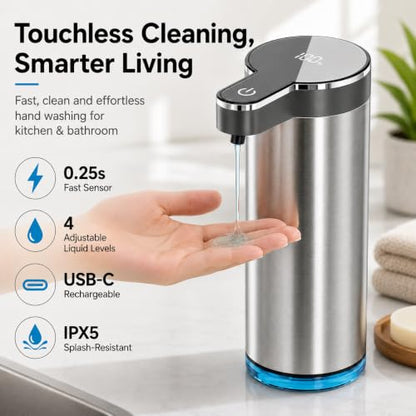 Automatic Liquid Soap Dispenser（IPX5 Waterproof, 12oz/350ml） | Touchless Rechargeable Soap Dispenser for Kitchen & Bathroom, 4 Adjustable Liquid Levels, USB-C - color: St-01 Liquid Gray