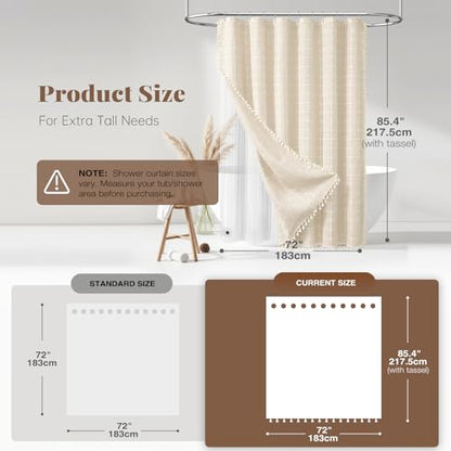 3-in-1 Long Boho Linen Shower Curtain with Liner, 72x84, Cream/Beige | Long Size, 330GSM Linen Blend, Waterproof Clear PEVA Liner, Heavy Duty Cloth, 12 Hooks, Rustic Bohemian, Machine Washable - color: Cream With Liner, size: 72"W x 84"L (Pack of 1)