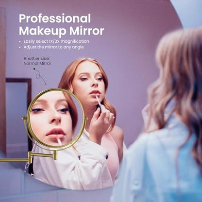 Circular Wall Mount Makeup Mirror, Dual-Sided 1x/5x Magnifying Mirror with Extendable Arm, 360° Swivel, Solid Brass Construction for Durability and Style (Brushed Brass - KMM100) - color: Brushed Brass