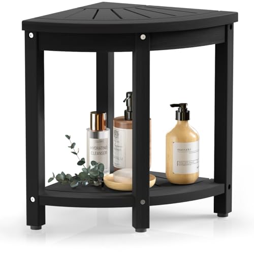 Waterproof HIPS Corner Stool for Shaving Legs, Inside Shower, Black | For seating and foot rest, Wood-Look texture, Easy care, Storage shelf, Non-slip leveling feet, Indoor/Outdoor use, 400 lb - color: Black, size: 4 Leg - Sturdy+