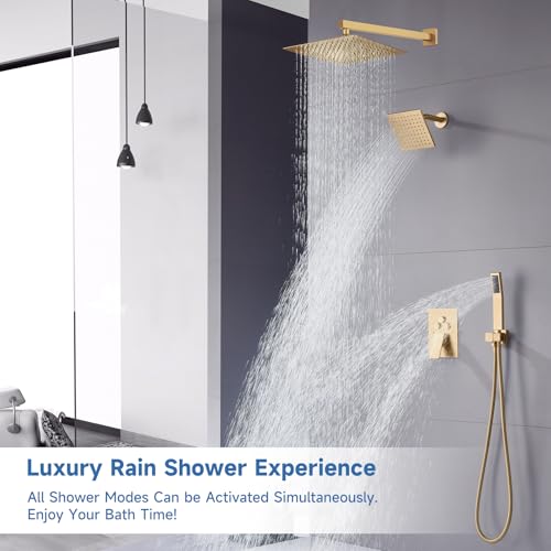 Dual Rainfall Shower Head System Brushed Gold, 3-Function Push Button Shower Faucet Set with 12" Wall Mount Rain shower head and 6" Wall Mount Shower Head, Pressure Balance Rough-in Valve - color: Brushed Gold, style: Wall Mount