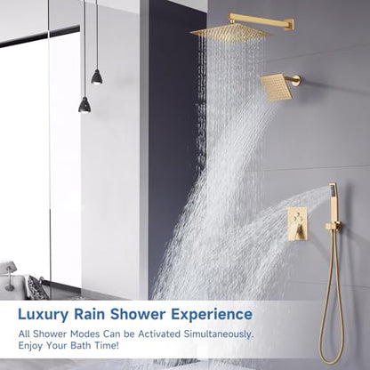 Dual Rainfall Shower Head System Brushed Gold, 3-Function Push Button Shower Faucet Set with 12" Wall Mount Rain shower head and 6" Wall Mount Shower Head, Pressure Balance Rough-in Valve - color: Brushed Gold, style: Wall Mount