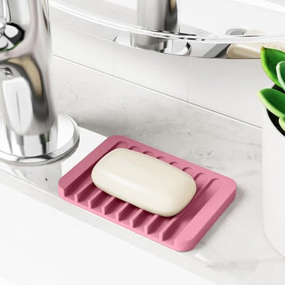 4-Pack Self Draining Soap Dish for Shower Bathroom Waterfall Silicone Soap Saver Tray Sponge Holder for Kitchen Sink Non-Slip Easy Clean (Pink) - color: Pink