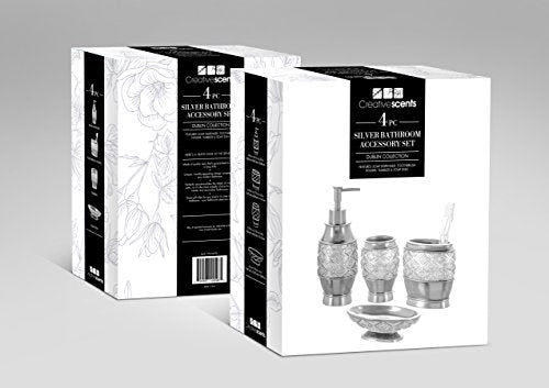 Creative Scents Dublin Silver 4 Piece Bathroom Accessory Set | Includes Soap Dispenser, Toothbrush Holder, Tumbler Cup & Soap Dish - style: 4 Piece Set
