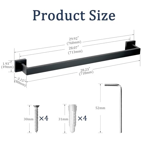 SEIDO 30 Inch Matte Black Towel Bar, Heavy Duty & Rust-Proof 304 Stainless Steel Bath Towel Holder, Modern Square Wall Mounted Towel Rack for Bathroom, Kitchen, RV - color: Matte Black, size: 30 Inch