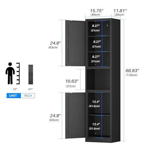 67" Metal Bathroom Storage Cabinet, Black | Tall Narrow Design, 2 Doors & 6 Shelves, Slim Skinny Cabinet, Multi-Room Use - color: Black