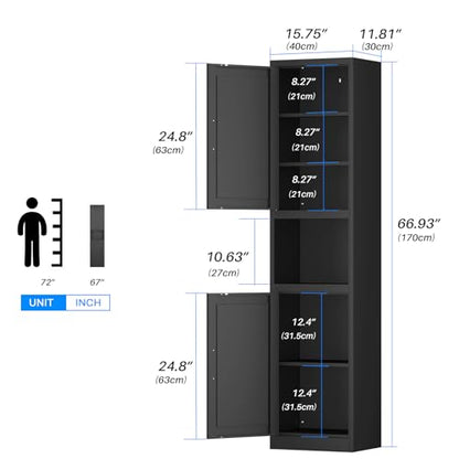 67" Metal Bathroom Storage Cabinet, Black | Tall Narrow Design, 2 Doors & 6 Shelves, Slim Skinny Cabinet, Multi-Room Use - color: Black