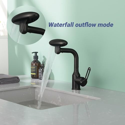 Bathroom Sink Faucet 1 Hole, Matte Black Multifunctional Basin Faucet with 4 Water Outlet Modes, Modern 360°Rotatable Bar Tap with Two Water Supply Pipes - color: Matte Black