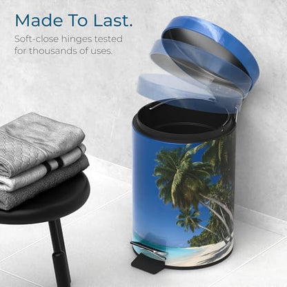 Sanilo Small Bathroom Trash Can with Lid [1.3 Gallon] - Lidded Tiny Trashcan for Garbage - Mini Metal Bin with Soft Closing Mechanism - Bath Room Accessoire Wastebin with Inner Bucket (Caribbean) - color: Caribbean