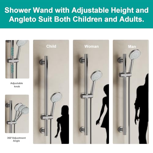 Shower Slide Bar Handheld Shower Head with Hose, 5-Function Hand Shower with Wall Mount，shower slide bar,adjustable height shower head (A-round, Brushed Nickel) - color: Brushed Nickel