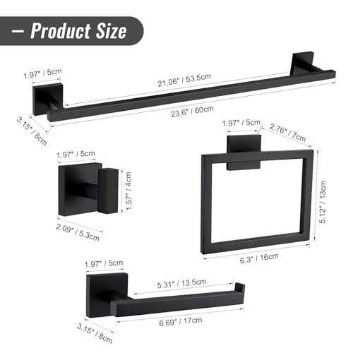 YACVCL Black Towel Bar Set 5-Piece Bathroom Hardware Accessories Set,SUS304 Stainless Steel Towel Rack Set,23.6 Inch Towel Bar,Toilet Paper Holder,Towel Ring and Towel Hooks,Wall Mounted - color: Matte Black, size: 5 Pieces