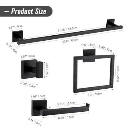 YACVCL Black Towel Bar Set 5-Piece Bathroom Hardware Accessories Set,SUS304 Stainless Steel Towel Rack Set,23.6 Inch Towel Bar,Toilet Paper Holder,Towel Ring and Towel Hooks,Wall Mounted - color: Matte Black, size: 5 Pieces