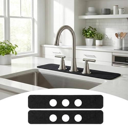 2PCS Kitchen Bathroom Faucet Mat for 3-Hole 8" Widespread Faucet, 24"x4.5" | Absorbent Splash Guard Fits Farmhouse, Vintage & Bridge Kitchen Vanity Faucets – Trimmable Drip Catcher for Irregular Sinks - color: Black, size: 24’’Lx4.5’’W