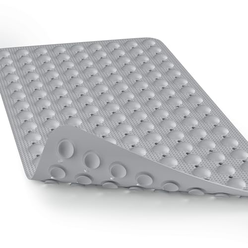 Bath Mat for Tub Shower Mat Non Slip Kids Rubber Shower Tub Mat, 100% Natural Rubber no Plastic Odors Perfect for Baby and Elder, Strong Suction Cups, Textured Mat Surface, 28 X 16 inches, Grey - color: Grey With Drain Holes