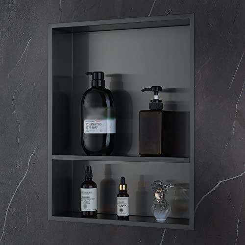 Shower Niche, 16"x20" No Tile Needed, The Insert Storage Rectangle Double Shower Shelf is Easy to Install, Stainless Steel, Black Grey - size: 16"x20"