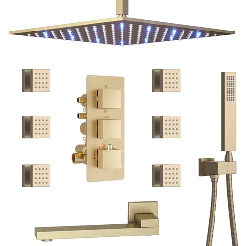 4 Way Thermostatic Shower Diverter System with 12 inch Shower Head and Tub Spout, Brushed Gold Bathroom Shower Faucet Set with 6 Body Jet and Handheld Spray - color: Brushed Gold, size: 12" Ceiling Shower