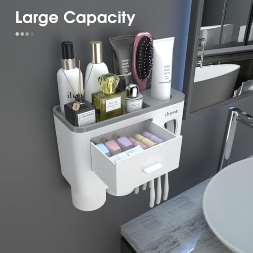 iHave Toothbrush Holders Wall Mounted with Toothpaste Dispenser & 2 Cups | All-in-One Bathroom Organizer: 2 Cups, 6 Slots, Toothpaste Dispenser, Large Tray & Drawer. Wall Mount, No Drilling Required - color: White, size: 2 cup