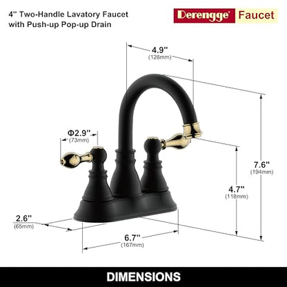 Matte Black with Brass 4 Inch Centerset Bathroom Faucet 3 Hole with Drain | Derengge High Arc Classic 2-Handle Bathroom Sink Faucet, Vanity Lavatory Faucet with 360° Swivel Spout,F-4501-MG - color: Matte Black with Polished Brass Trim