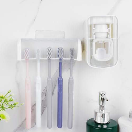 5 Slots Wall Mount Toothbrush Holder with Cover, Self Adhesive Toothbrush Storage Organizer for Shower, Toothbrush Hanger with Automatic Toothpaste Squeezer Dispenser - color: White Combination