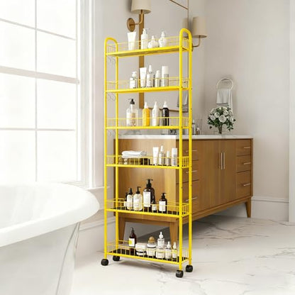 6-Tier Slim Storage Cart with Wheels, Metal 6in Narrow Rolling Shelf, Sturdy Slim Storage with Hooks Ideal for Kitchen, Bathroom, and Laundry Room, Yellow - size: 6in Yellow