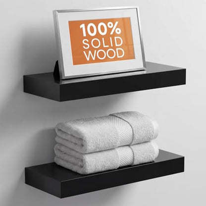 16 inch Black Floating Shelves, High End Solid Real Wood 16inch Bathroom Floating Shelves for Wall Mounted, 16in Wooden Small Floating Shelf, Heavy Duty Bracket, 16 X 6.5 X 1.75 in, Set of 2 - color: Modern Black - Rich Neutral Satin, size: 16 inch