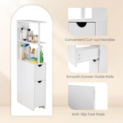 Giantex Slim Storage Cabinet, Narrow Freestanding Bathroom Organizer with Open Shelves, Pull-Out Drawer and Slide-Out Cart, Space-Saving Wooden Floor Cabinet for Entryway, Living Room and Kitchen
