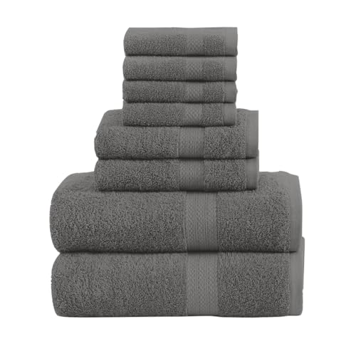 QUBA LINEN Pack of 8 Towels Set, 2 Large Bath Towels, 2 Hand Towels, 4 Wash Cloths, 100% Cotton, Lighter Weight, Quicker to Dry, Super Absorbent, Perfect for Bathroom (Grey) - color: Grey
