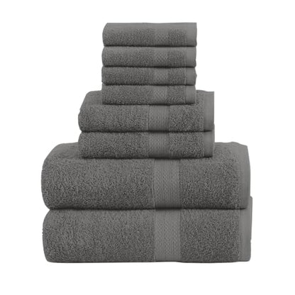 QUBA LINEN Pack of 8 Towels Set, 2 Large Bath Towels, 2 Hand Towels, 4 Wash Cloths, 100% Cotton, Lighter Weight, Quicker to Dry, Super Absorbent, Perfect for Bathroom (Grey) - color: Grey