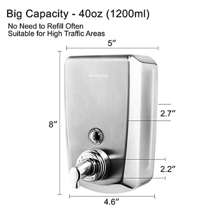 Commercial Wall Mount Stainless Steel Foam Soap Dispenser | 40 oz (1200ml) Industrial Refillable Foaming Hand Sanitizer Dispensers for Bathroom and Kitchen - size: 1200ml (H9)