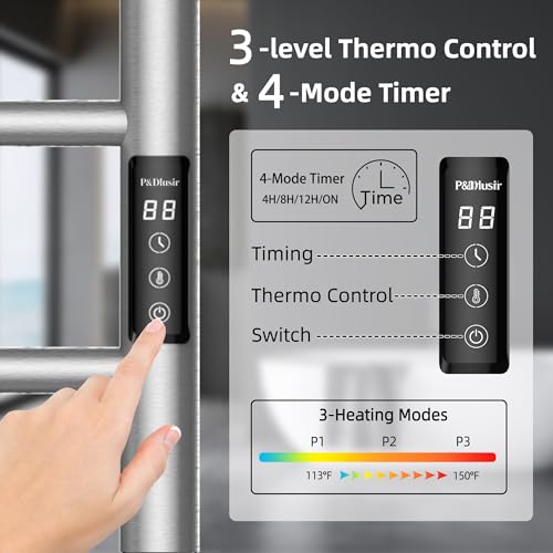 P&Dlusir EL13 Heated Towel Rack, Brushed, 5 Bar | Fast Heat in 2 Min, Smart Timer, Thermo Control, Memory Functoion, Stainless Steel, Hard-Wired/Plug-in - color: Brushed, size: 21.65"W x 17.72"H