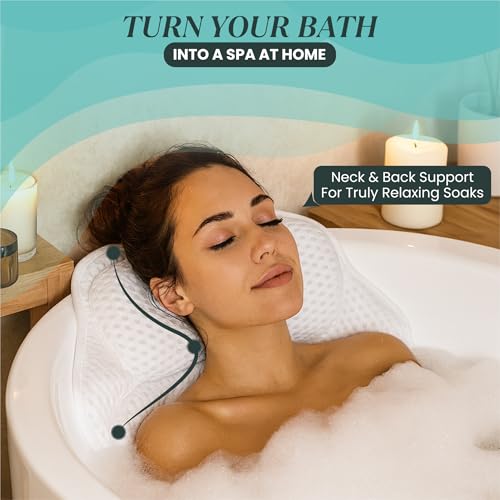 Bath Pillows for Tub, Complete Spa Set with Loofah & Wash Bag – Bathtub Pillow for Head and Neck and Back Support, 6 Strong Suction Cups, Quick-Dry 4D Air Mesh, Gift-Ready