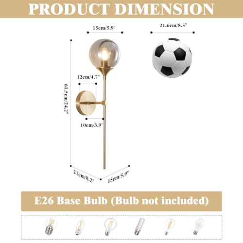 KCO 2 Pack Mid Century Modern Brass Gold Smoke Gray Glass Globe Wall Sconce | E26 Hardwired, Up/Down Mounted, Long Linear Rod, Farmhouse Wall Light Fixture for Bedroom Bathroom Hallway Living Dining Room - color: Smoke Grey