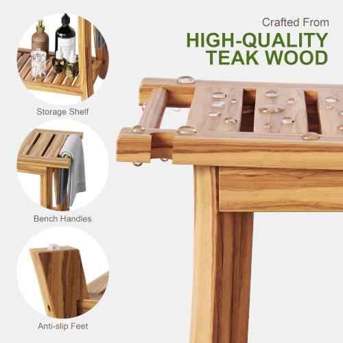 24" Teak Shower Bench with Towel Bar & Shelf - 2-Tier Bath Stool | Solid Teak Shower Stool, Safety Non-Slip Feet, 300lbs Capacity Spa bath Seat, Leg Shaving, Sauna, Indoor & Outdoor Use