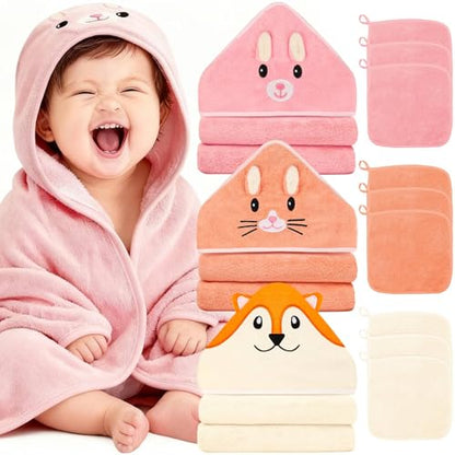 Sublaga 31x31 Inch Baby Hooded Towels, 12Pcs Baby Towels and Washcloths Set, Soft and Absorbent Baby Bath Towels, 3 PCS Cute 32x32 in Baby Towel with Hood and 9 Pcs Baby Washcloths for Boys and Girls - color: Pink Bunny, Orange Kitten, White Fox