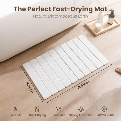 White Non-Slip Textured Stone Bath Mat for Bathroom, Quick Absorbent | Mosthink Foldable Textured Quick Dry Diatomaceous Earth Mat for Bath Kitchen Counter, Easy to Clean( 23.6'' x 15.3'') - color: White