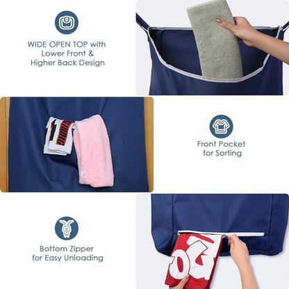 Fine Living Co. Large Hanging Laundry Hamper with Over Door Hooks & Adhesive, Durable Space Saving Laundry Bag with Zipper and Wide Open Top, Hanging Dorm Laundry Hamper (Navy Blue-XL) | Hanging Dorm Laundry Hamper with Over Door Hooks & Adhesive, Durable