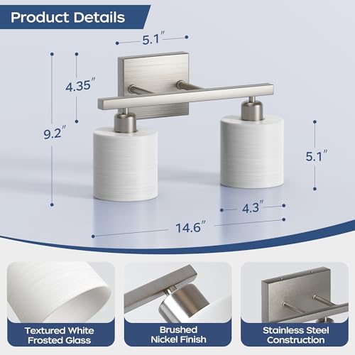 Bathroom Light Fixtures, Bathroom Lighting Fixtures Over Mirror, Classic Vanity Lights, Modern Vanity Light with Textured Frosted Opal White Glass Shades, Brushed Nickel, 2-Light - color: ‎Brushed Nickel, size: 2-Light
