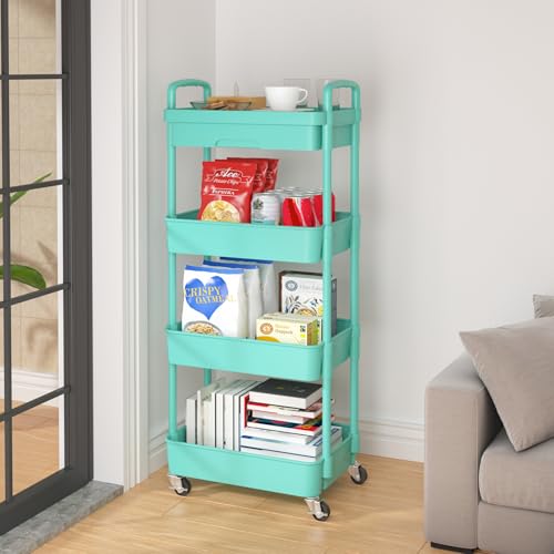 Calmootey 4-Tier Rolling Utility Cart with Drawer,Multifunctional Storage Organizer with Plastic Shelf & Metal Wheel,Storage Cart for Kitchen,Bathroom,Living Room,Office,Green | Space-Saving Organizer, Sturdy Plastic Shelves, Smooth-Rolling Metal Wheels,
