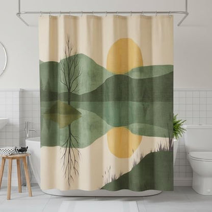 Lake Scenery Linen Boho Shower Curtain Set with Liner,72" Wx72 L | Double Layer Shower Curtain Waterproof Fabric with Zippered Removable PEVA Liner,Boho Shower Curtain for Bathroom,Free Hooks - color: Sunset Landscape
