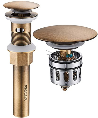 REGALMIX Antique Brass Pop Up Bathroom Vessel Sink Drain Stopper,Built-in Anti-Clogging Strainer, Fits Standard American Drain Hole(1-1/2" to 1-3/4"), with Overflow RWF083R - color: Antique Brass, size: With Overflow