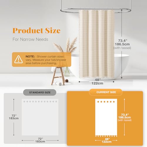 48x72 Boho Farmhouse Linen Heavy Duty Shower Curtain Set, Cream/Beige | Stall Size, 330GSM Linen Blend, 3-side Tassels, Water Repellent Fabric, 8 Plastic Hooks, Rustic Bohemian, Machine Washable - color: A - Cream, size: 48"W x 72"L (Pack of 1)