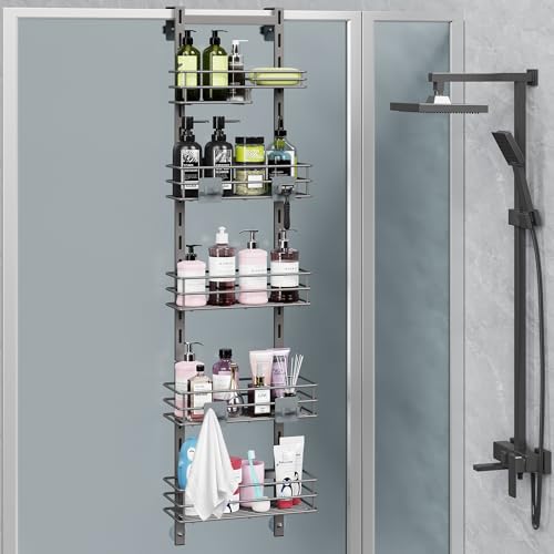 Orimade Over The Door Shower Caddy Adjustable 5 Tier Dark Grey,Bathroom Hanging Organizer Shelf Rustproof with 4 Hooks,Shower Basket with Soap Holder and Suction Cup - color: Dark Grey-5T