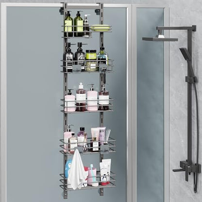 Orimade Over The Door Shower Caddy Adjustable 5 Tier Dark Grey,Bathroom Hanging Organizer Shelf Rustproof with 4 Hooks,Shower Basket with Soap Holder and Suction Cup - color: Dark Grey-5T